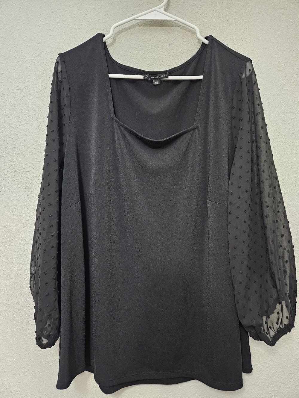 Adrianna Papell 2X Black Blouse Puff 3/4 Sleeve Sheer Swiss Dot Square Neck